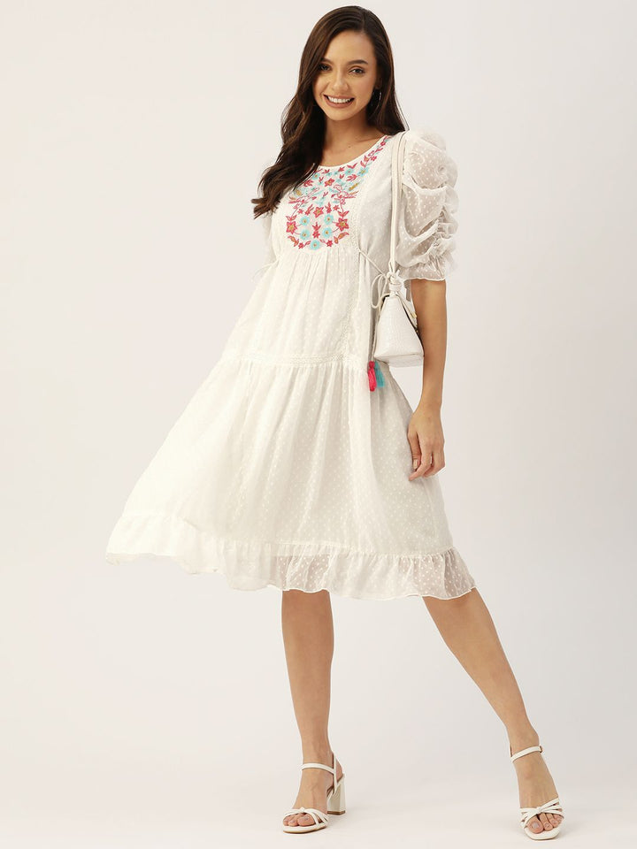 Antheaa White Floral Chiffon Embroidered Laced A-Line Dress