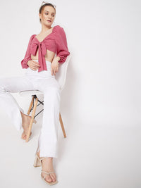 Berrylush Pink Sweetheart Neck Crepe Crop Top