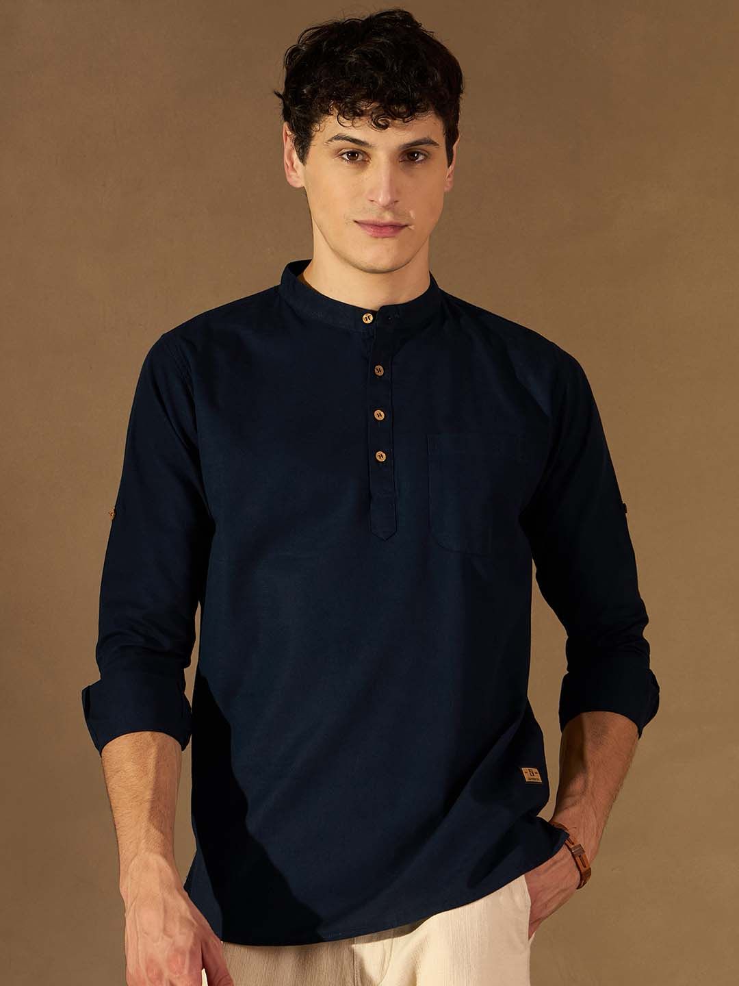 DENNISON Lelaki Navy Blue Solid Straight Pure Cotton Short Kurta