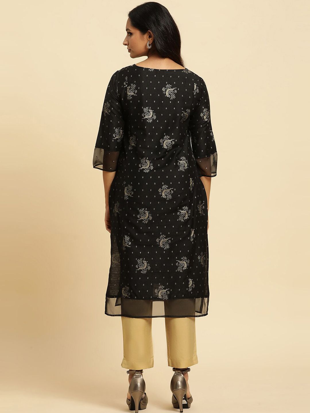 W Black Ethnic Motifs Printed Sequinned Straight Kurta