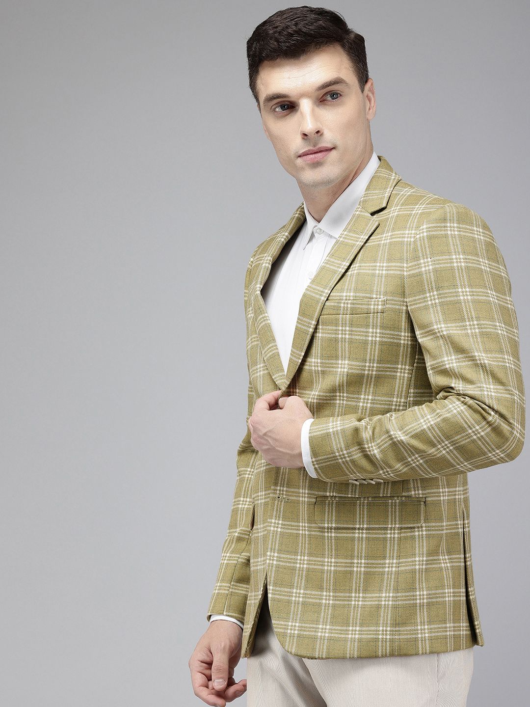 Park Avenue Notched Lapel Single Breasted Checked Slim Fit Formal Blazer
