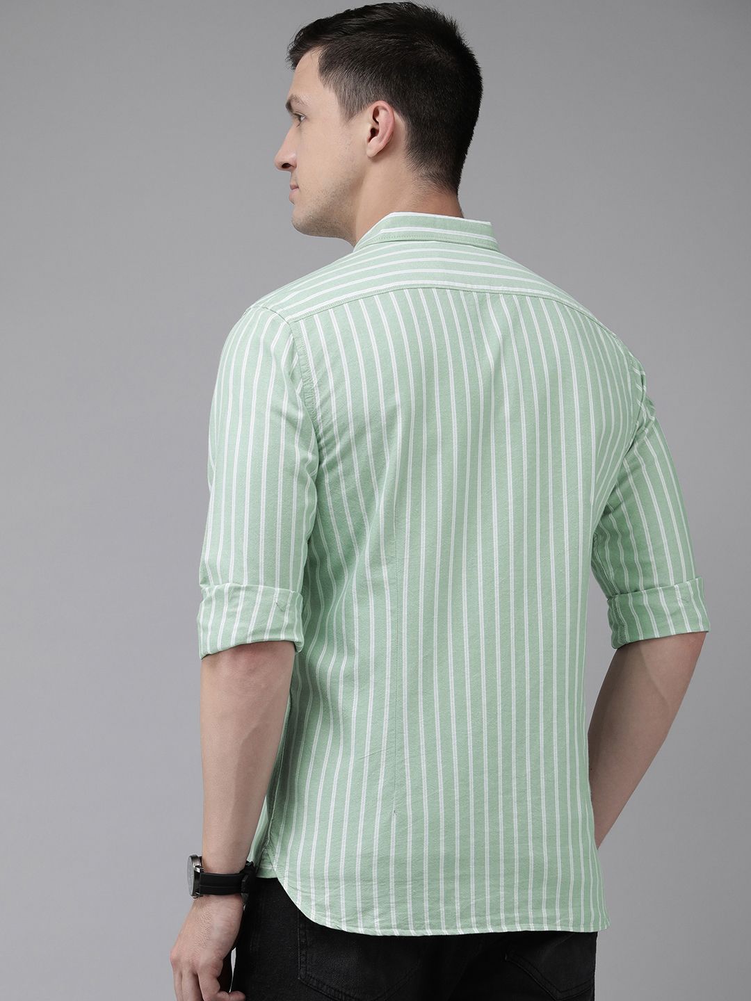 THE BEAR HOUSE Men Green Pure Cotton Slim Fit Striped Casual Shirt