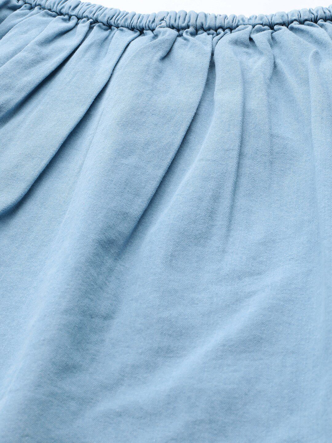 STREET 9 Blue Off-Shoulder Flared Sleeves Pure Cotton Denim Bardot Crop Top