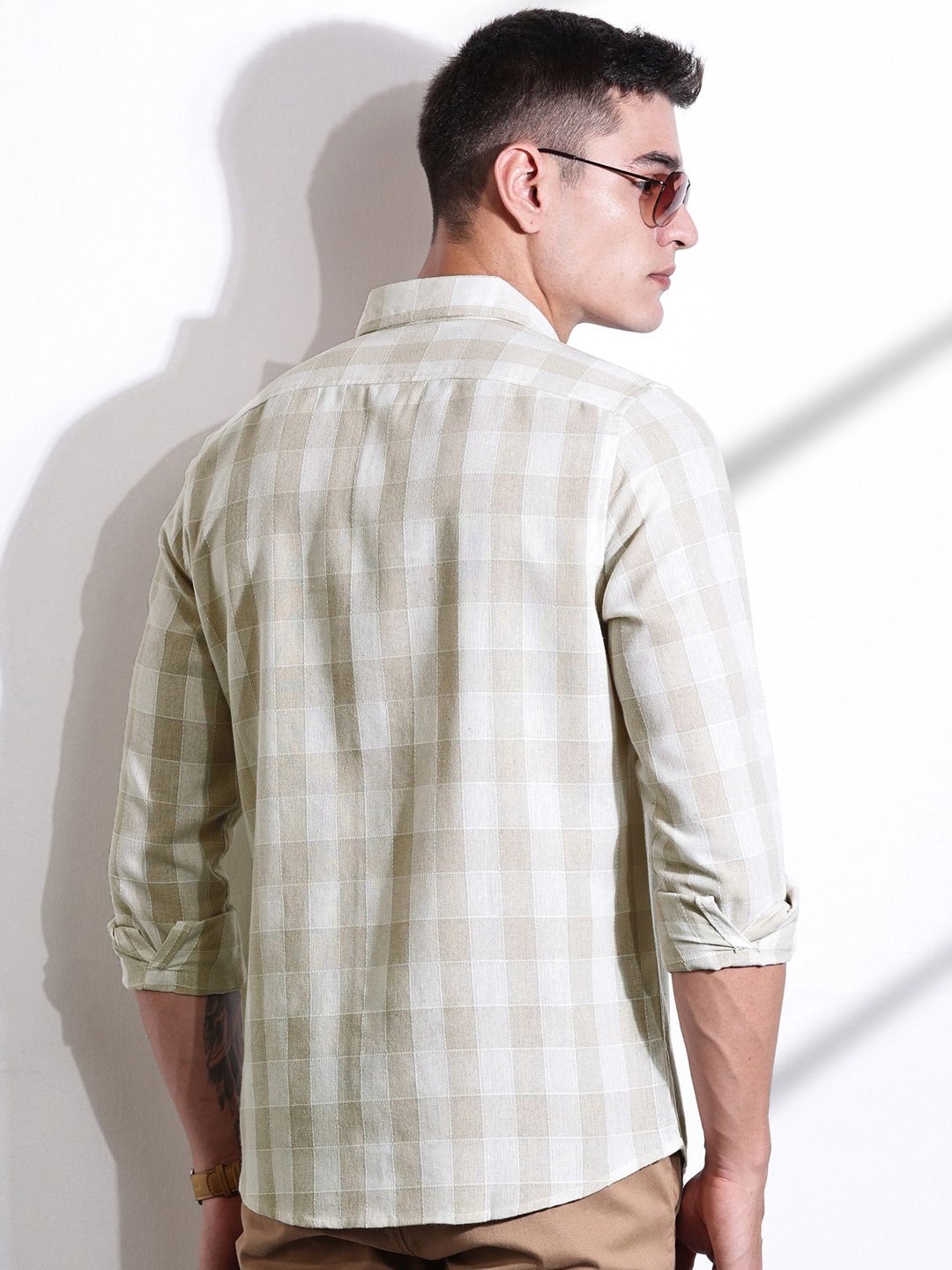 Thomas Scott Men Classic Slim Fit Spread Collar Windowpane Checked Cotton Casual Shirt