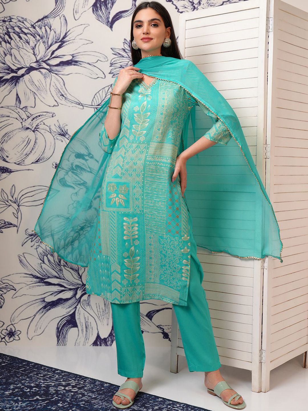 Vishudh Floral Printed Regular Beads and Stones Kurta with Trouser & Dupatta