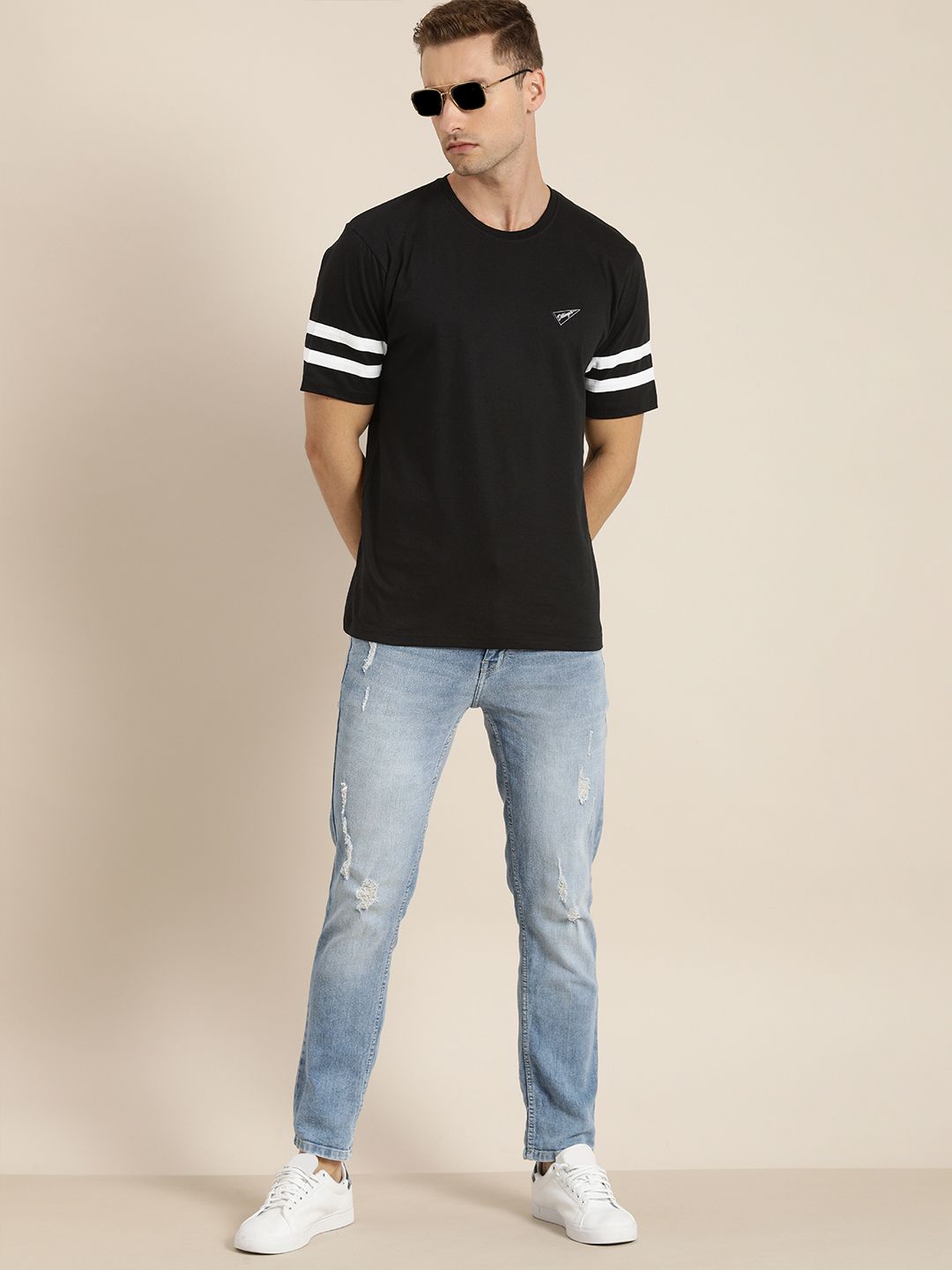 DILLINGER Men Black Solid Pure Cotton Loose T-shirt with Striped Sleeves