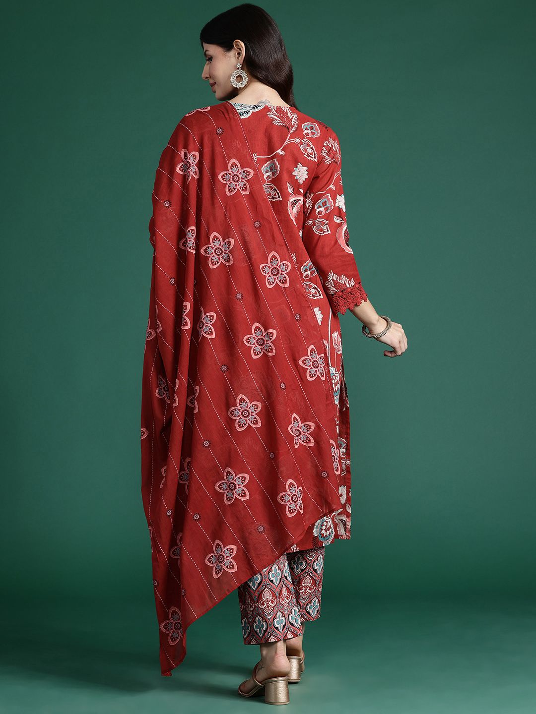 Indo Era Floral Printed Sequinned Pure Cotton Kurta With Trousers & Dupatta