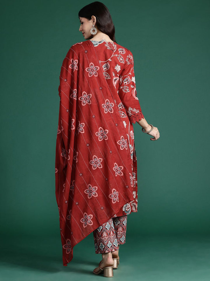 Indo Era Floral Printed Sequinned Pure Cotton Kurta With Trousers & Dupatta