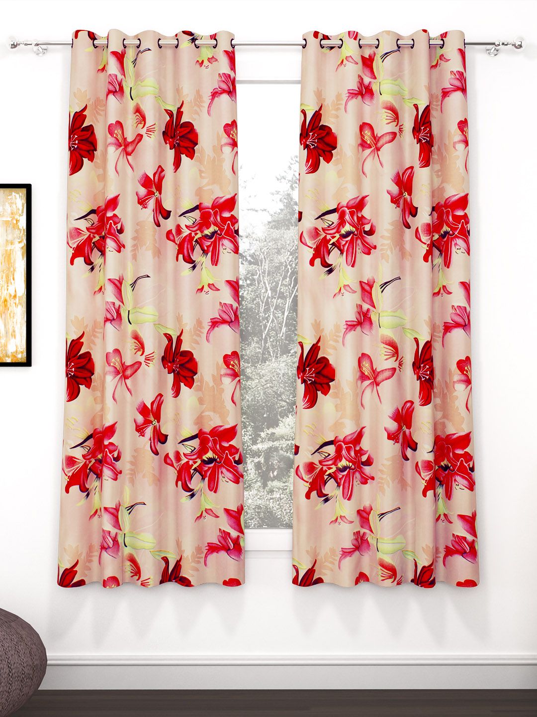 Story@home Pink & Mustard 2 Pieces Floral Window Curtain