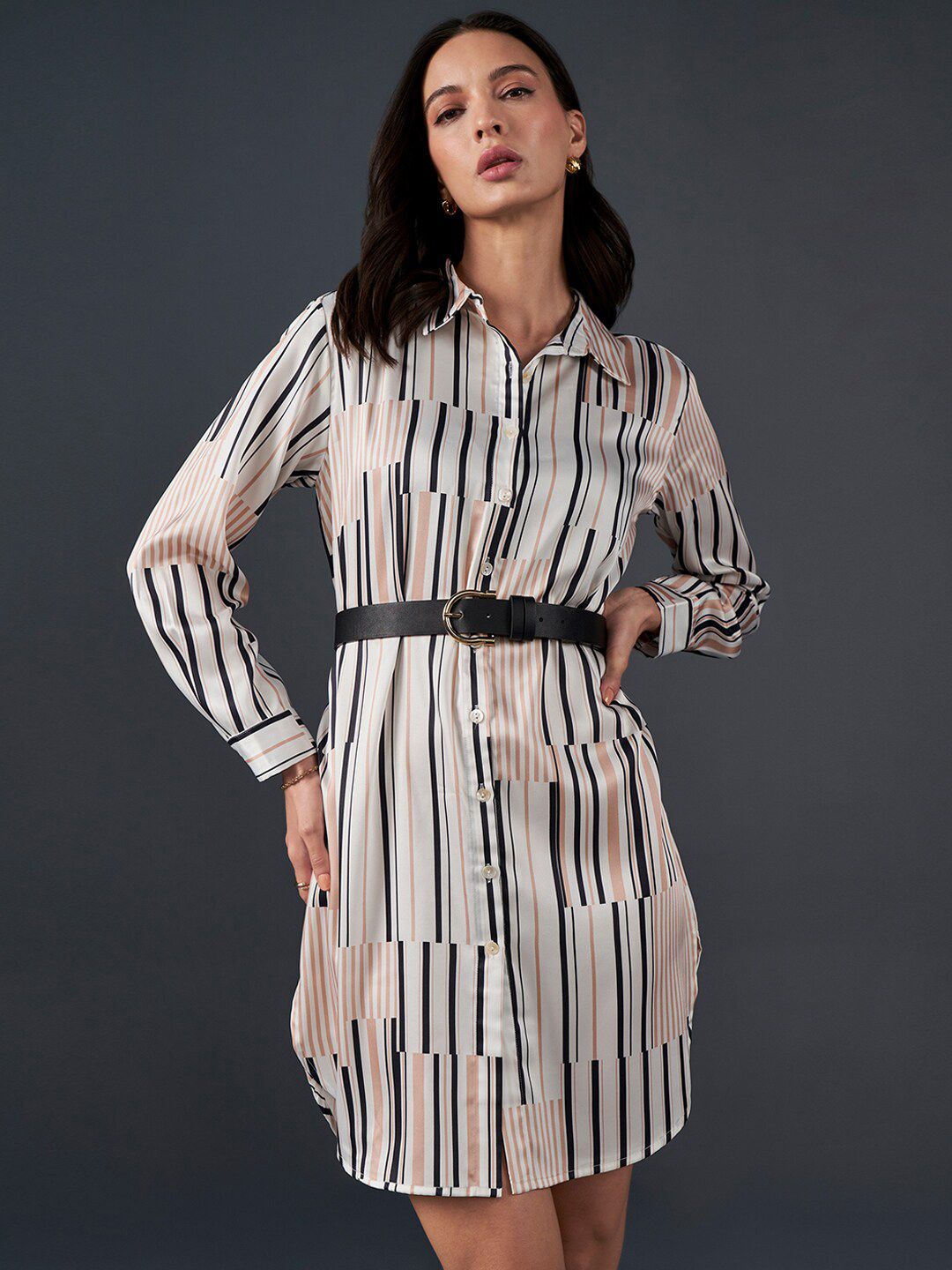 AND Striped Cuffed Sleeves Shirt Dress