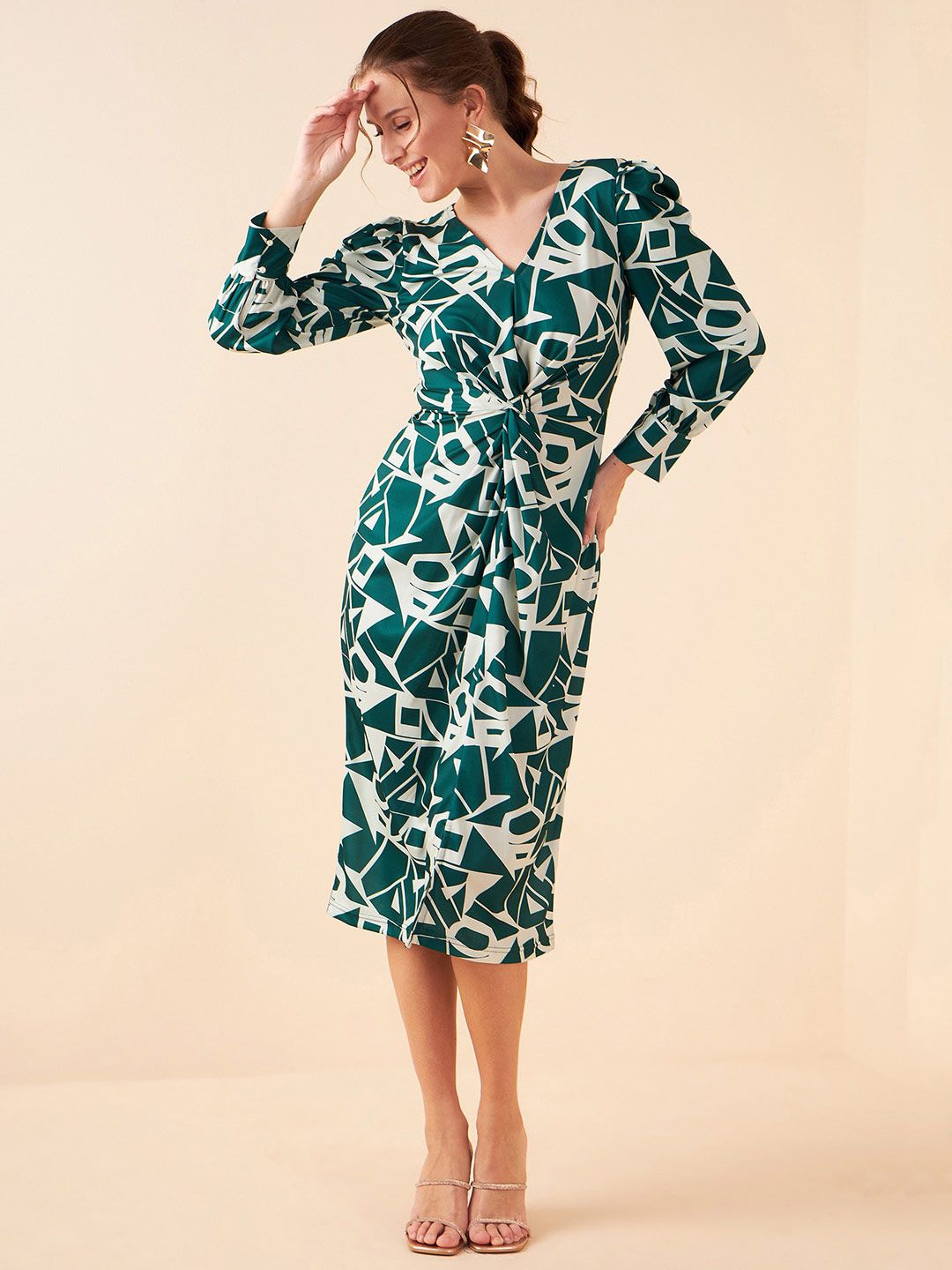 Antheaa Green Geometric Printed V-Neck Sheath Midi Dress