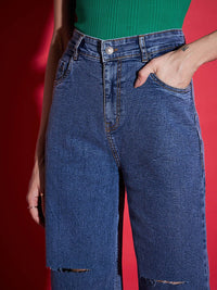 SASSAFRAS Women Navy Blue Straight Fit High-Rise Slash Knee Stretchable Jeans
