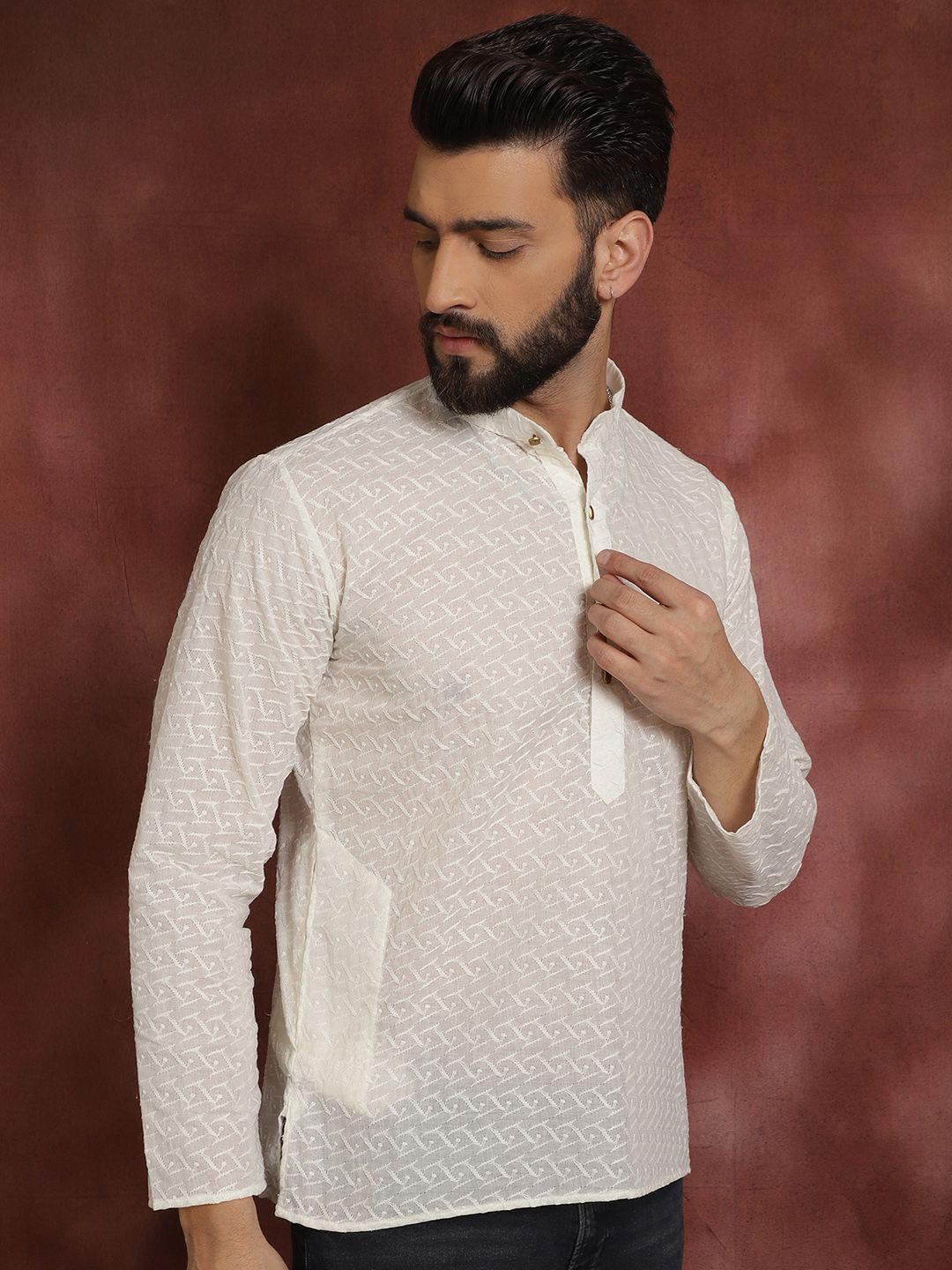 SOJANYA Lelaki Off-White Rekaan Diri Kurta Lurus