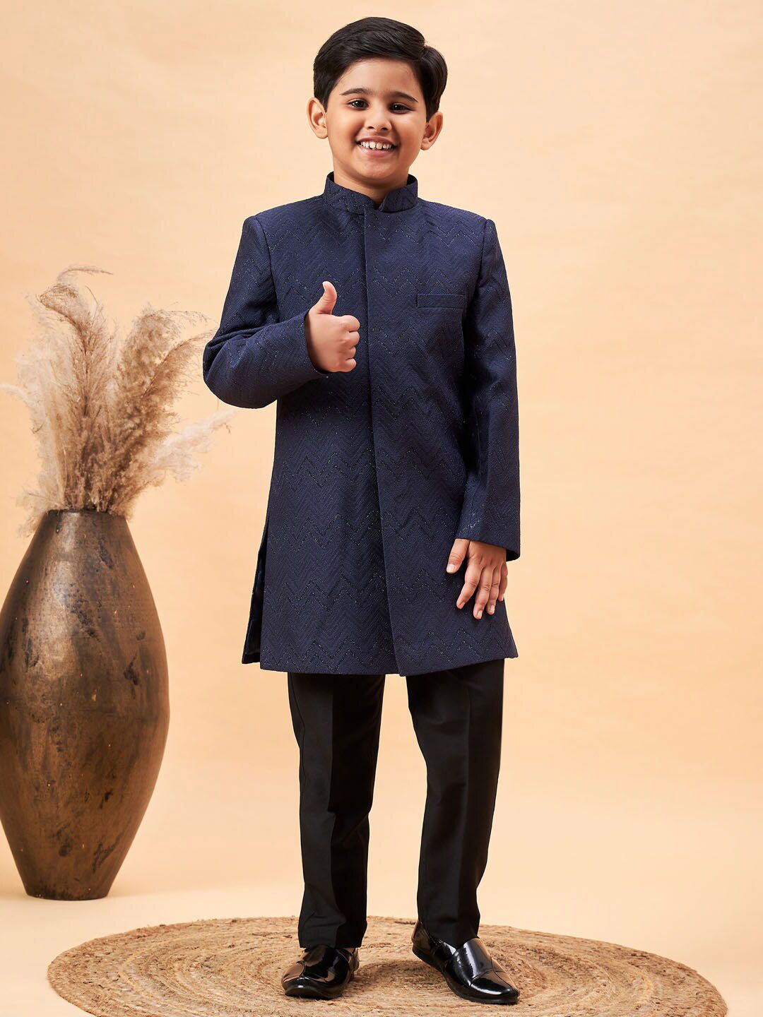 VASTRAMAY Boys Self Design Mandarin Collar Glitter Indo Western Sherwani Set