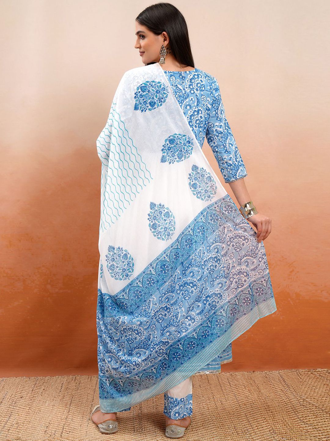 Vishudh White Printed Thread Work Pure Cotton Anarkali Kurta With Trousers & Dupatta