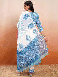 Vishudh White Printed Thread Work Pure Cotton Anarkali Kurta With Trousers & Dupatta