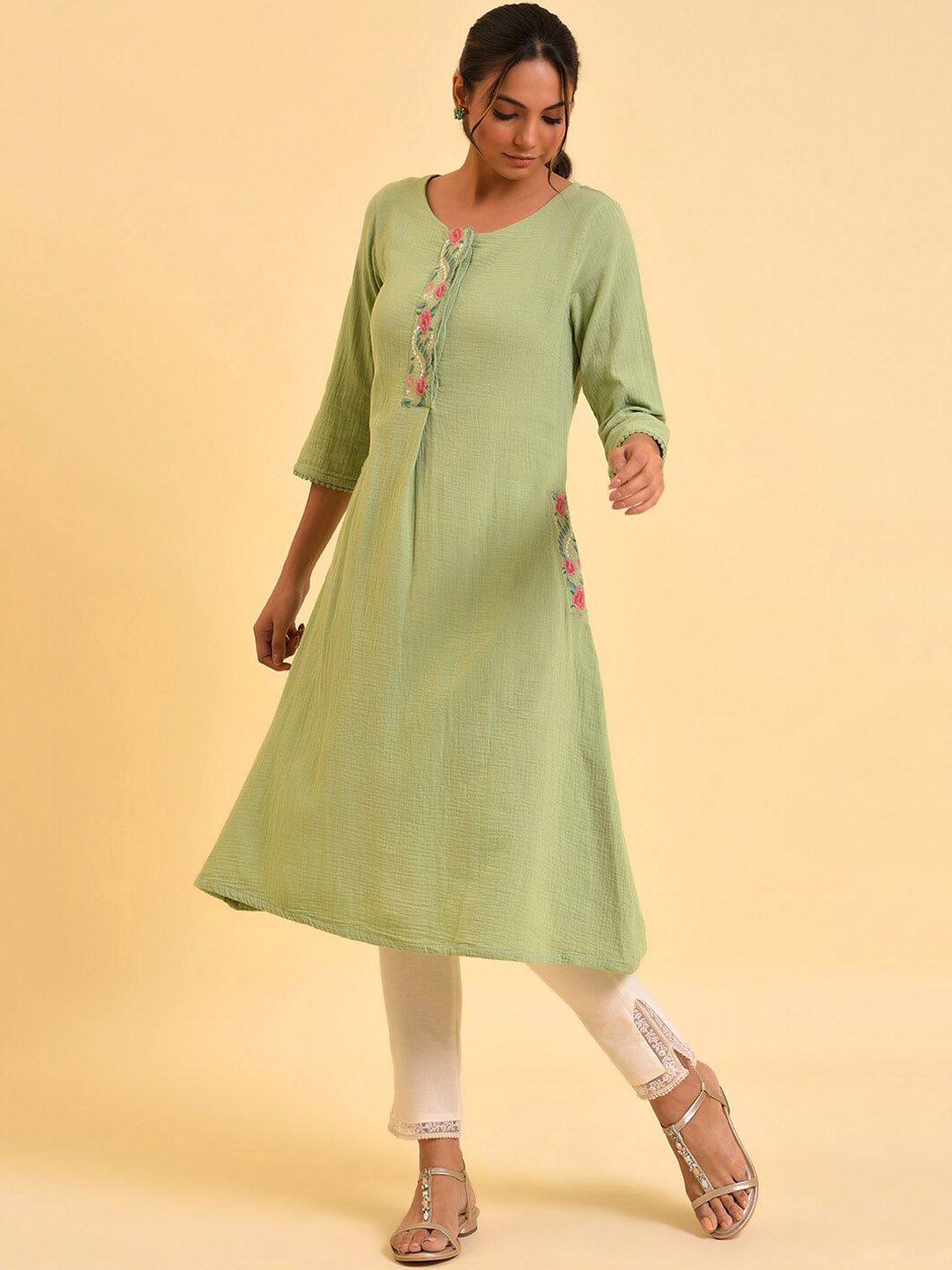 W Green Floral Embroidered A-Line Pure Cotton Kurta
