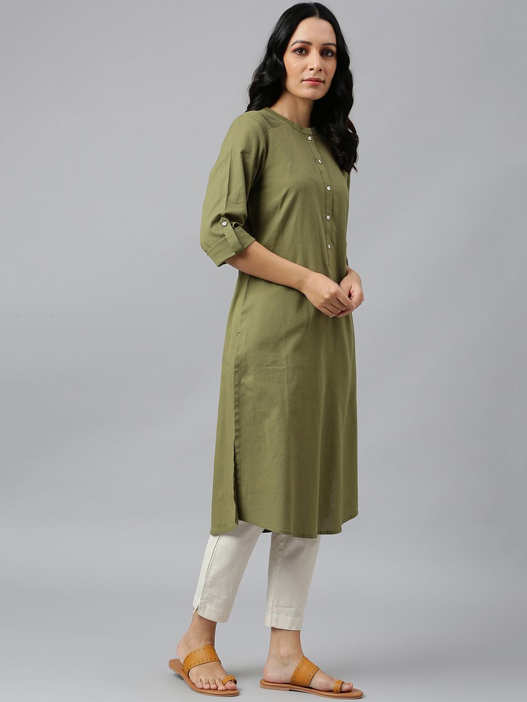 W Green Mandarin Collar Cotton A-line Kurta