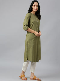W Green Mandarin Collar Cotton A-line Kurta