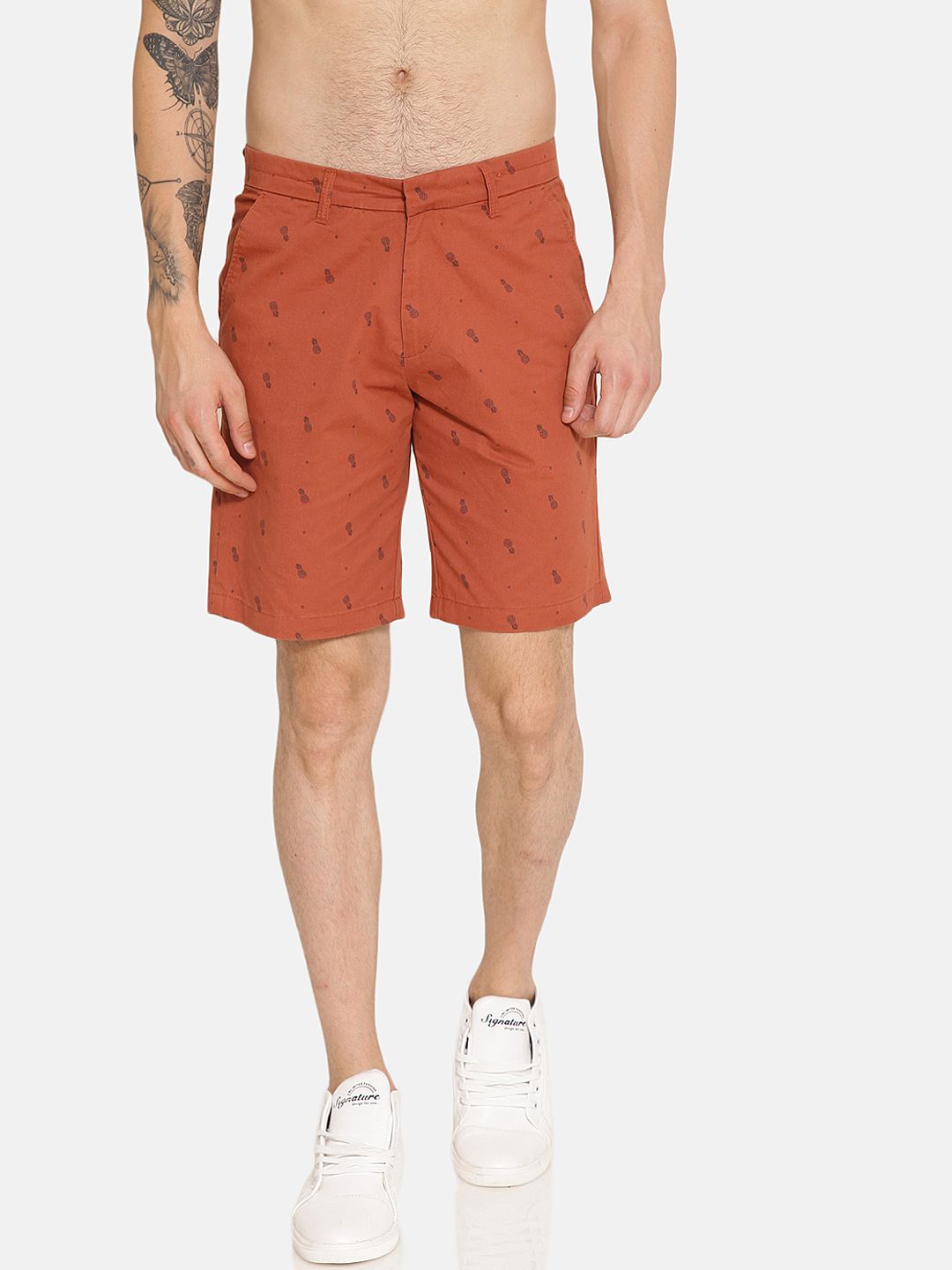 Bene Kleed Men Rust Orange Printed Loose Fit Regular Shorts