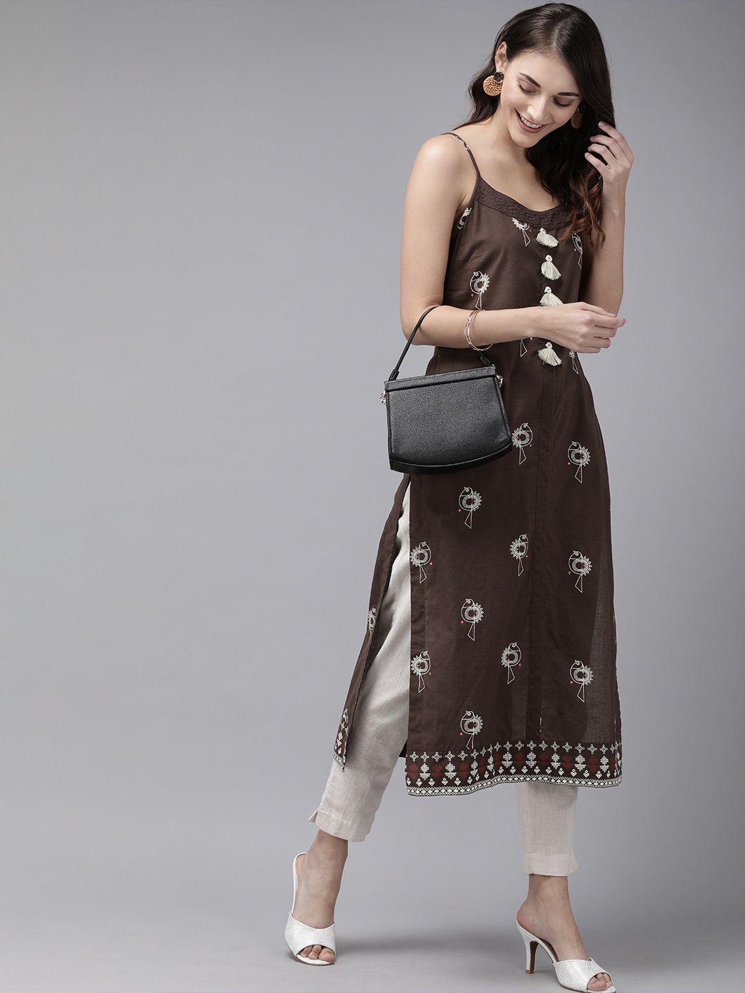 Anouk Women Coffee Brown & Beige Ethnic Motifs Print Straight Kurta with Tasselled Detail