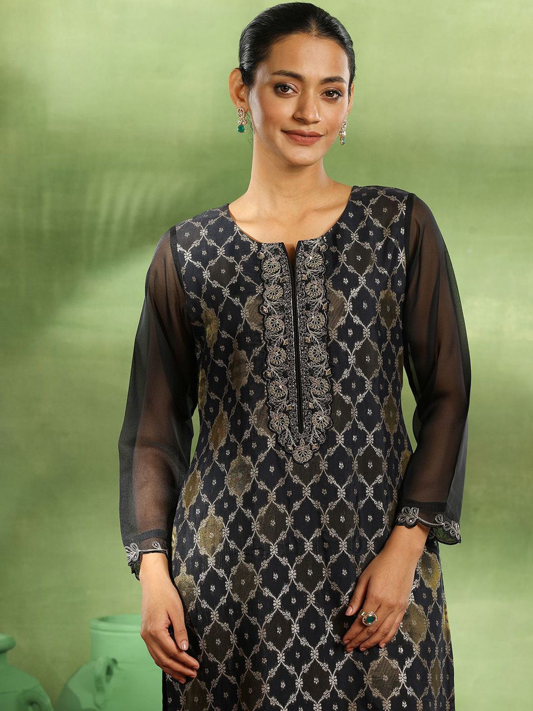 Libas Ethnic Motifs Woven Design Zari Work Organza Straight Kurta With Trouser & Dupatta