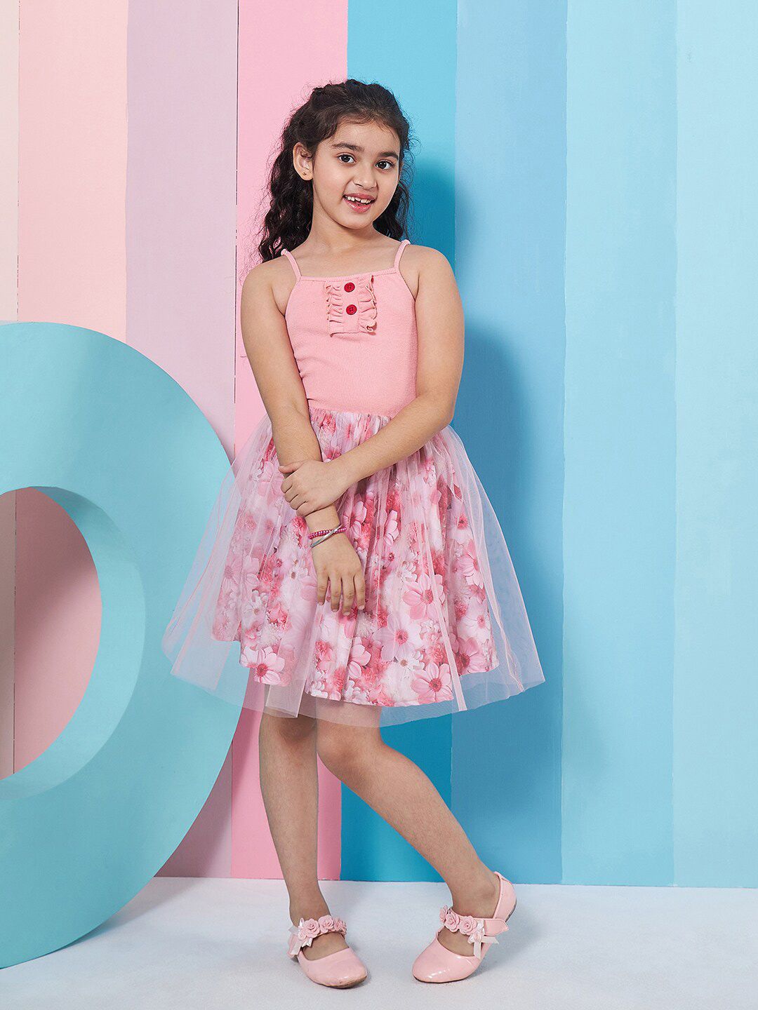 pspeaches Girls Floral Printed Woollen Fit & Flare Dress