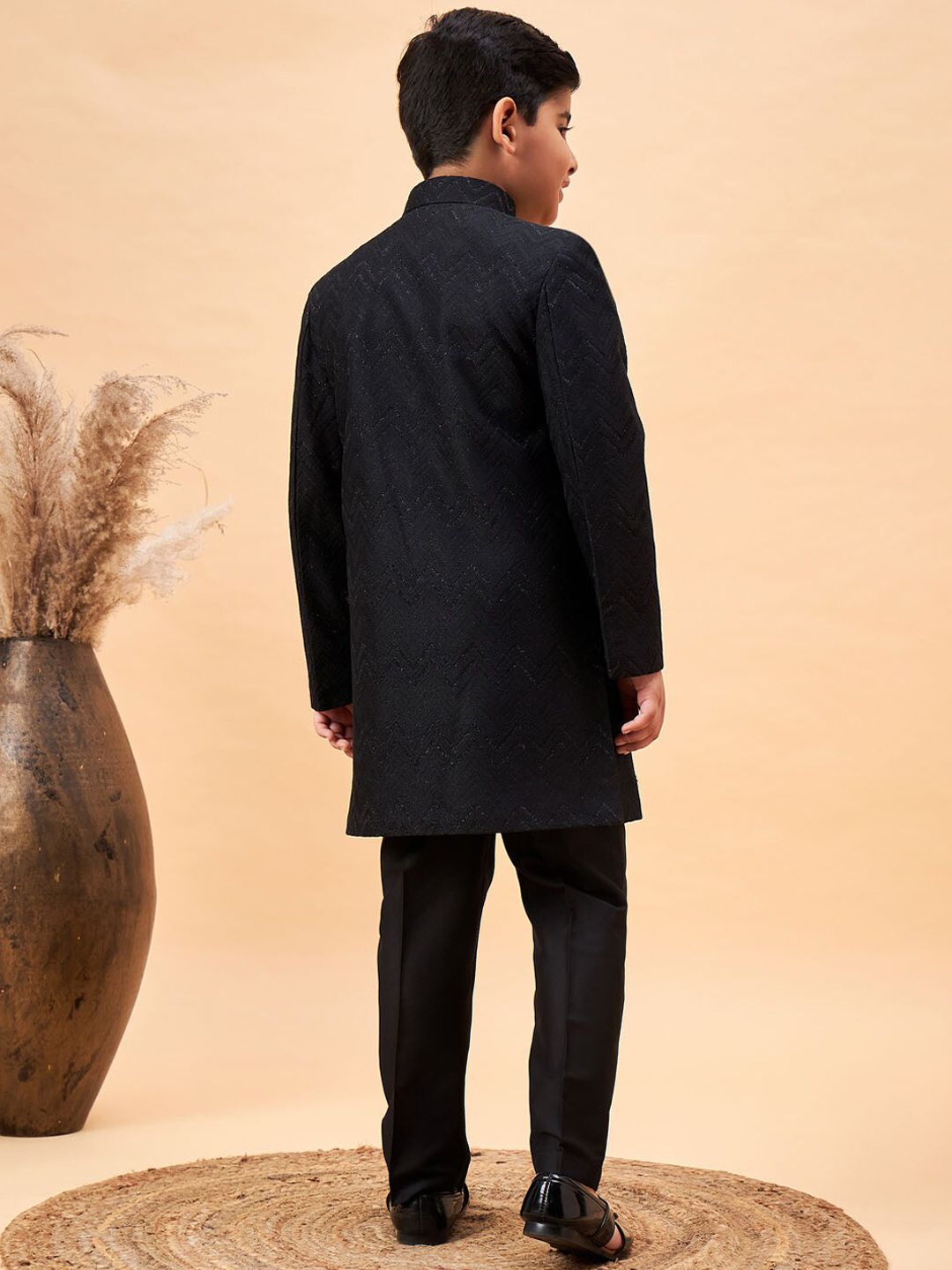 VASTRAMAY Boys Self Design Mandarin Collar Sherwani Set