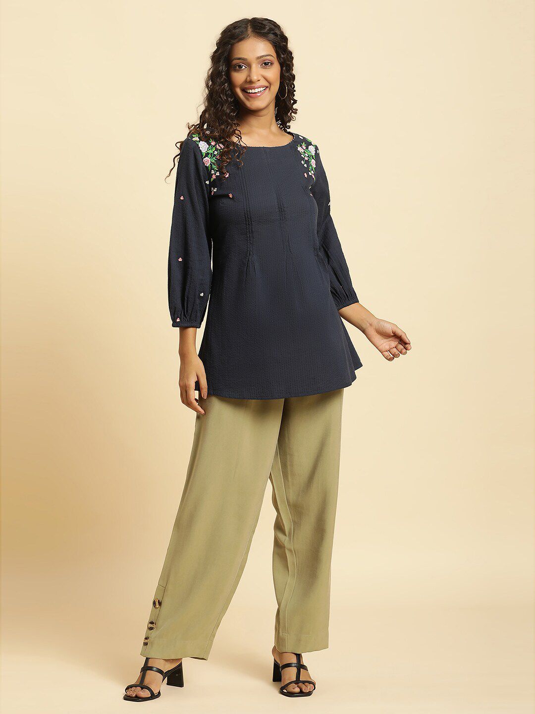 W Blue & Pink Vertical Striped Embroidered Pure Cotton Top
