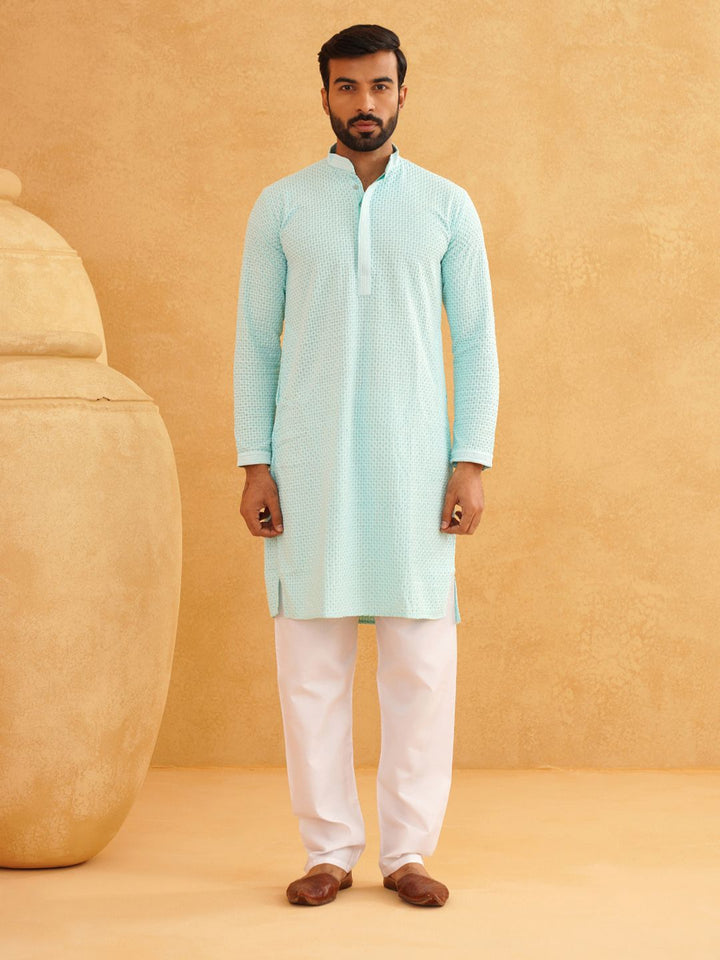 SOJANYA Benang Sulam Geometrik Berfungsi Kurta Kapas Tulen dengan Churidar