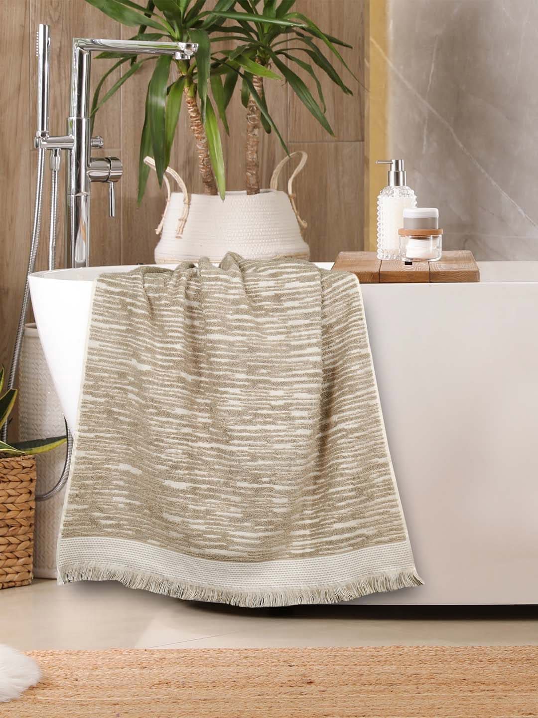 MYTRIDENT Beige & White Striped Printed Cotton 500 GSM Bath Towel