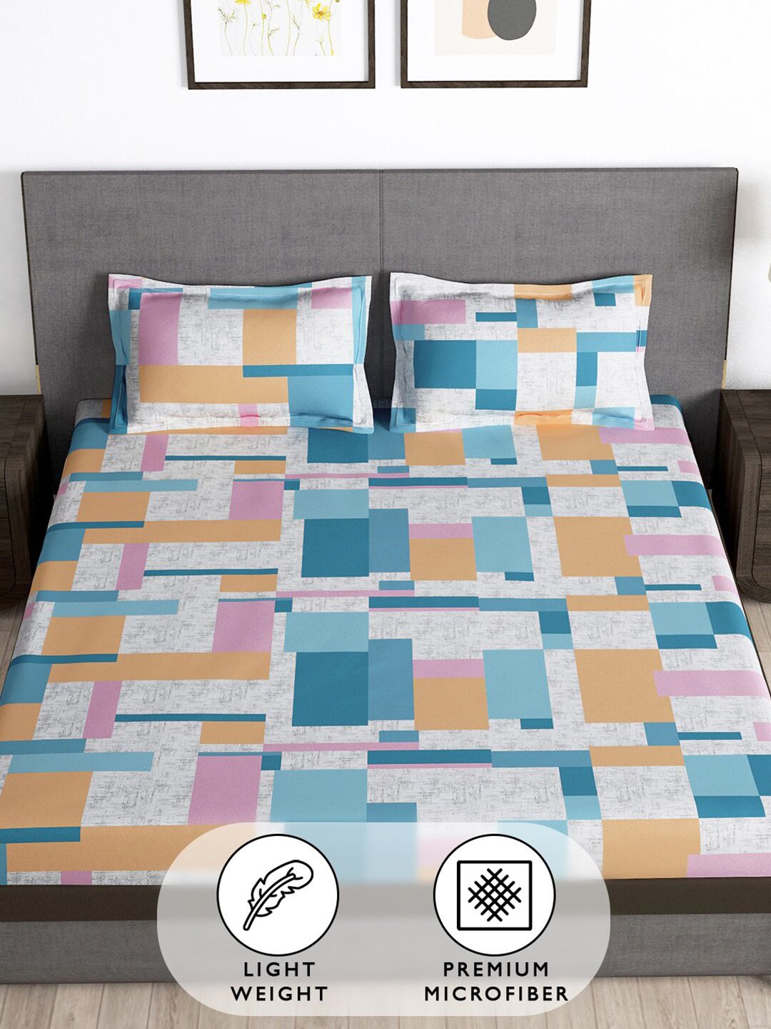 Story@home Grey & Blue 180 TC Queen Bedsheet with 2 Pillow Covers