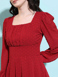 Tokyo Talkies Maroon Self Design Puff Sleeves Pleated Fit & Flare Dress