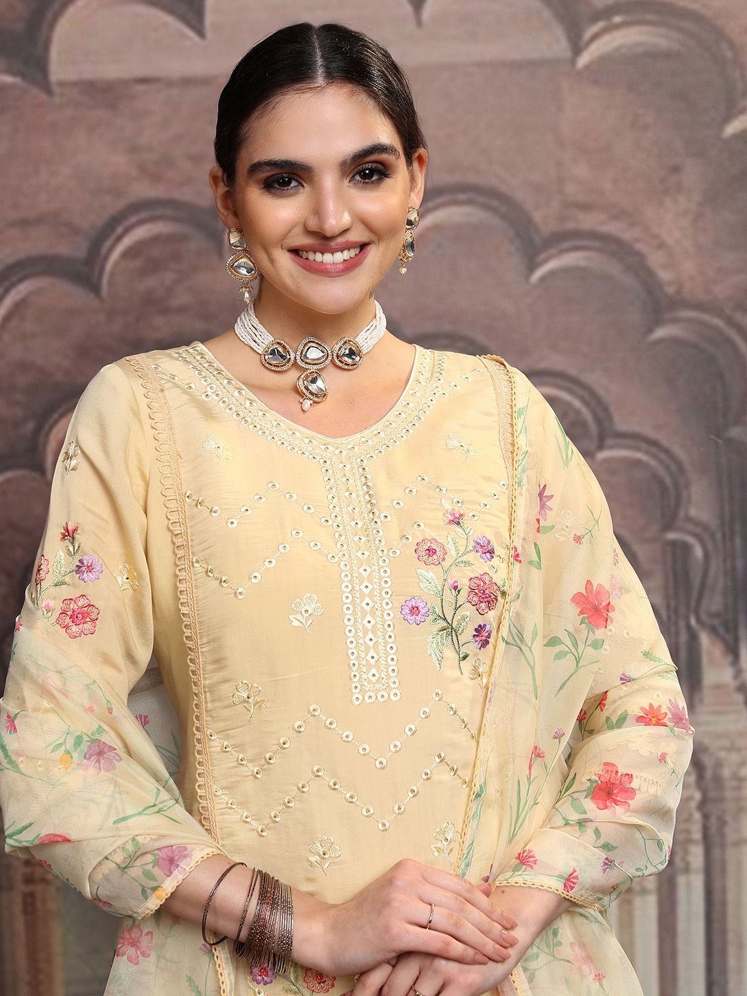 Vishudh Yellow Floral Embroidered Mirror Work Straight Kurta With Trousers & Dupatta