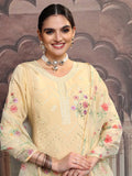 Vishudh Yellow Floral Embroidered Mirror Work Straight Kurta With Trousers & Dupatta