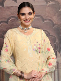 Vishudh Yellow Floral Embroidered Mirror Work Straight Kurta With Trousers & Dupatta