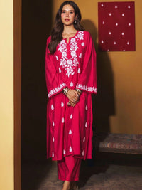 House of Chikankari Women Regular Chikankari Chanderi Silk Kurta with Trousers