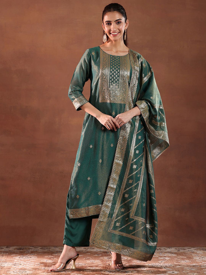 Libas Green and Gold Ethnic Motifs Woven Design Straight Kurta with Trouser & Dupatta