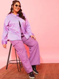 CURVY STREET Plus Size Lavender Classic Satin Casual Shirt