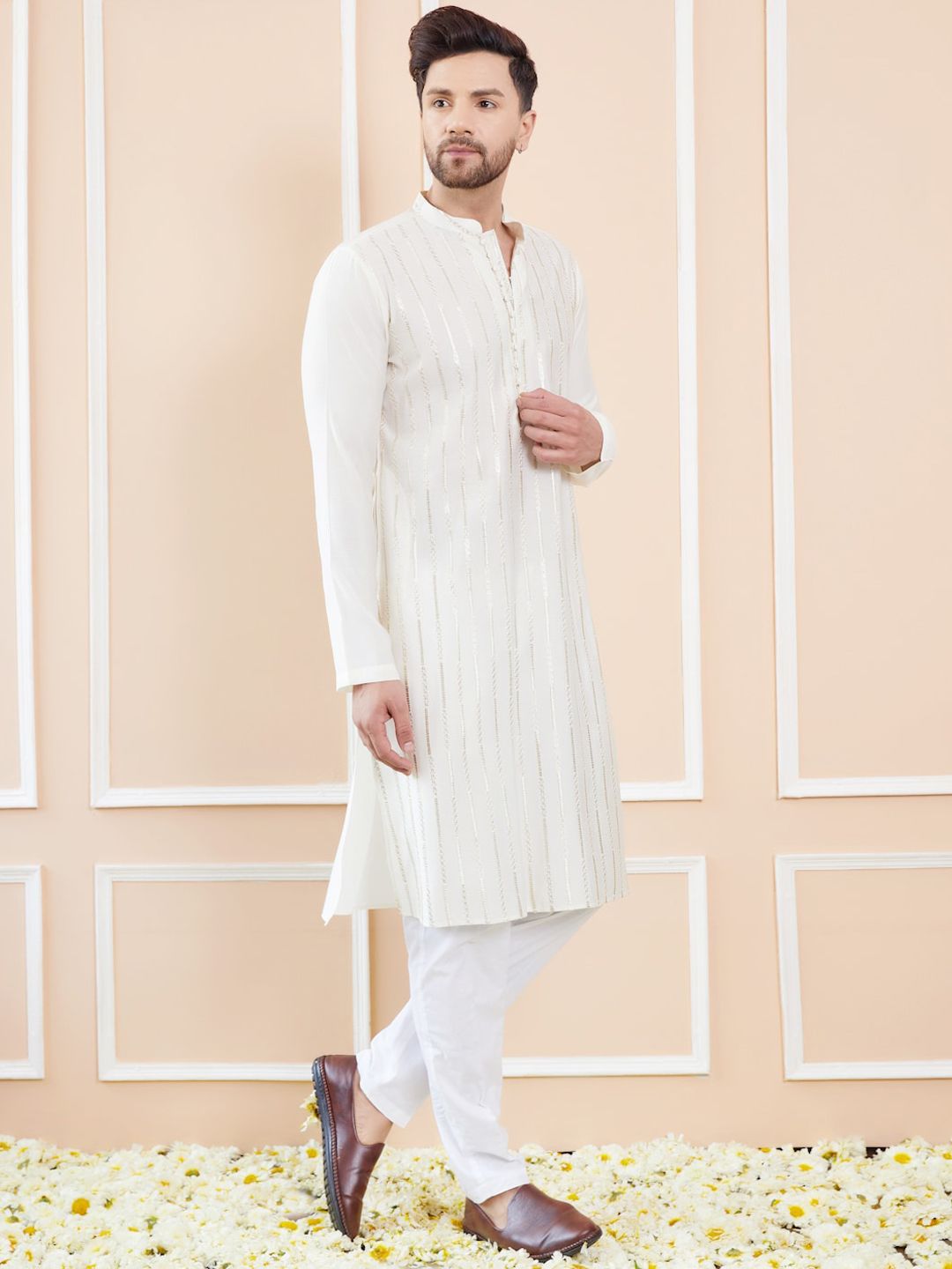 See Designs Mandarin Collar Striped Thread Work Chanderi Silk Straight Kurta
