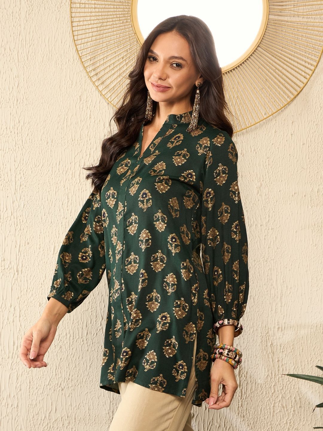 KALINI Women Ethnic Printed Mandarin Collar Regular Top
