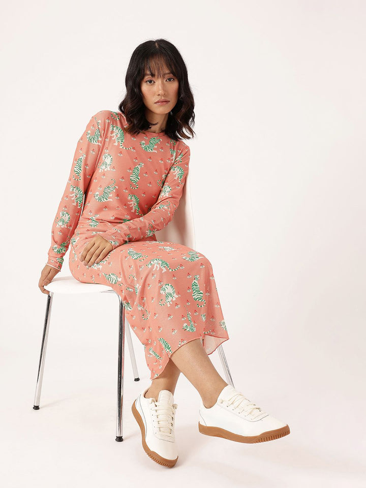 DressBerry Girly Girl Soft Net Graphic Printed Sheath Midi Dress Comes With Inner Slip