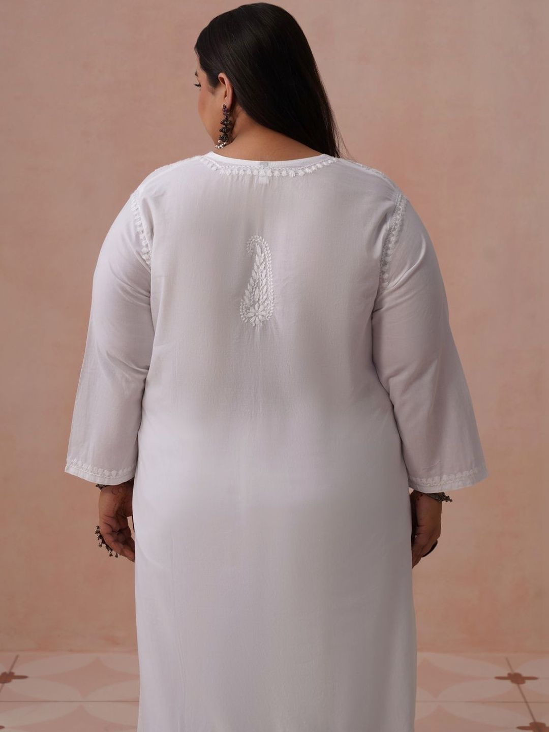 Rumah Motif Etnik Kapas Chikankari Kurta Panjang Betis Lurus