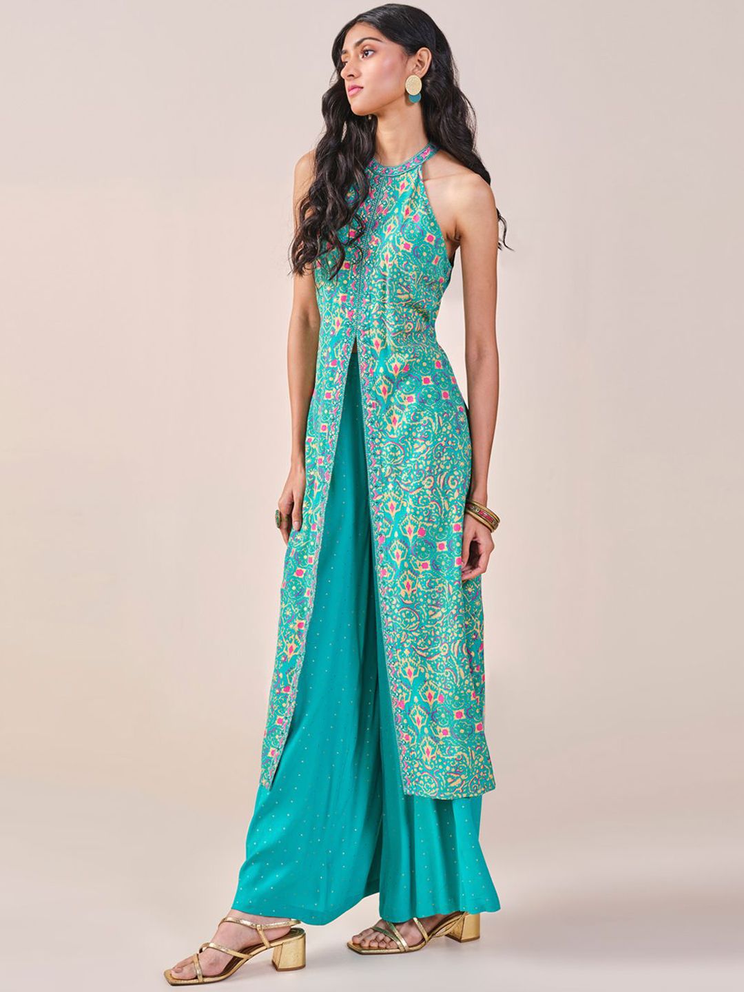 Global Desi Ethnic Motifs Printed Halter Neck Kurta with Palazzos