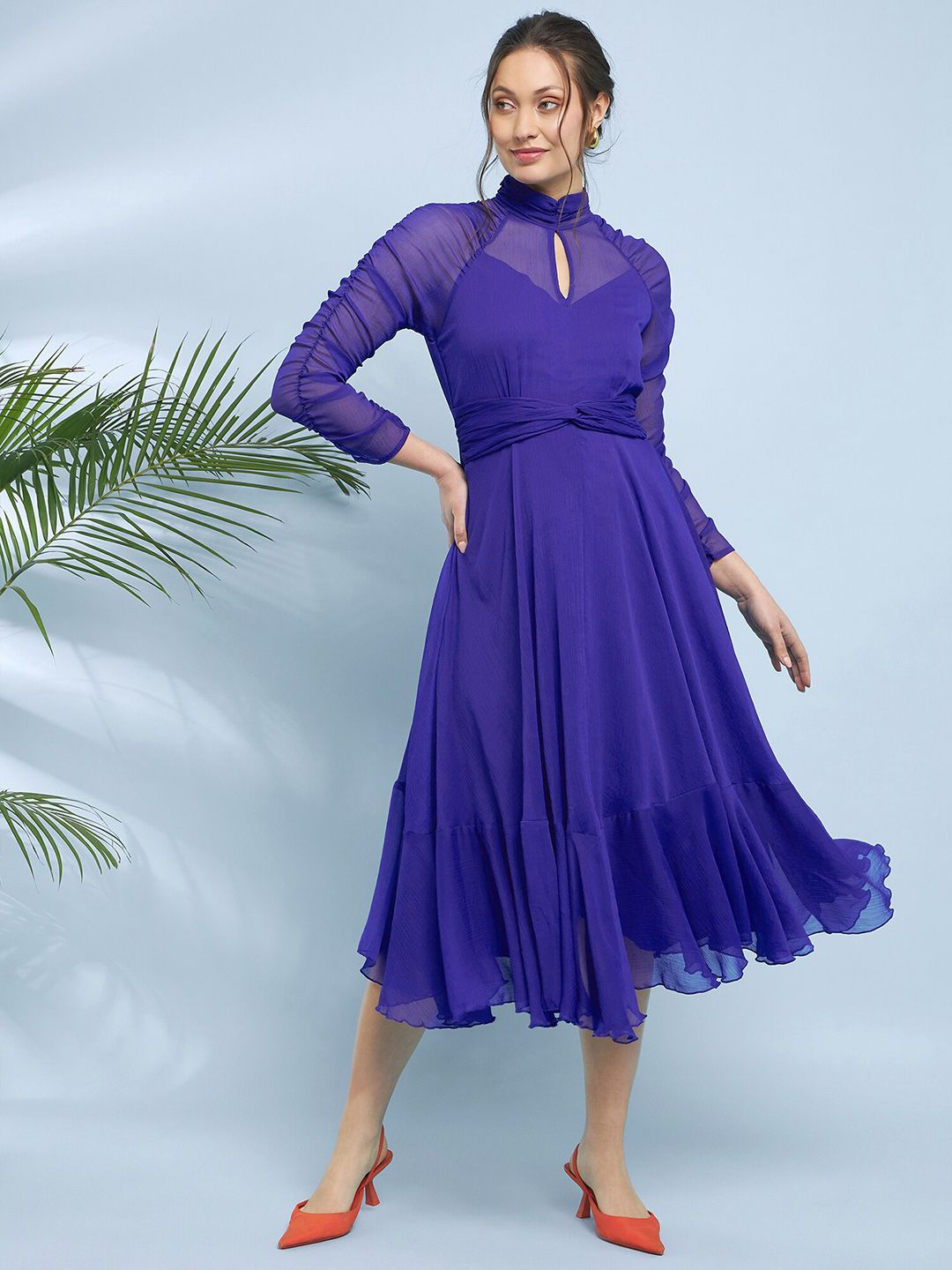 Antheaa Choker Neck Chiffon Fit & Flare Midi Dress