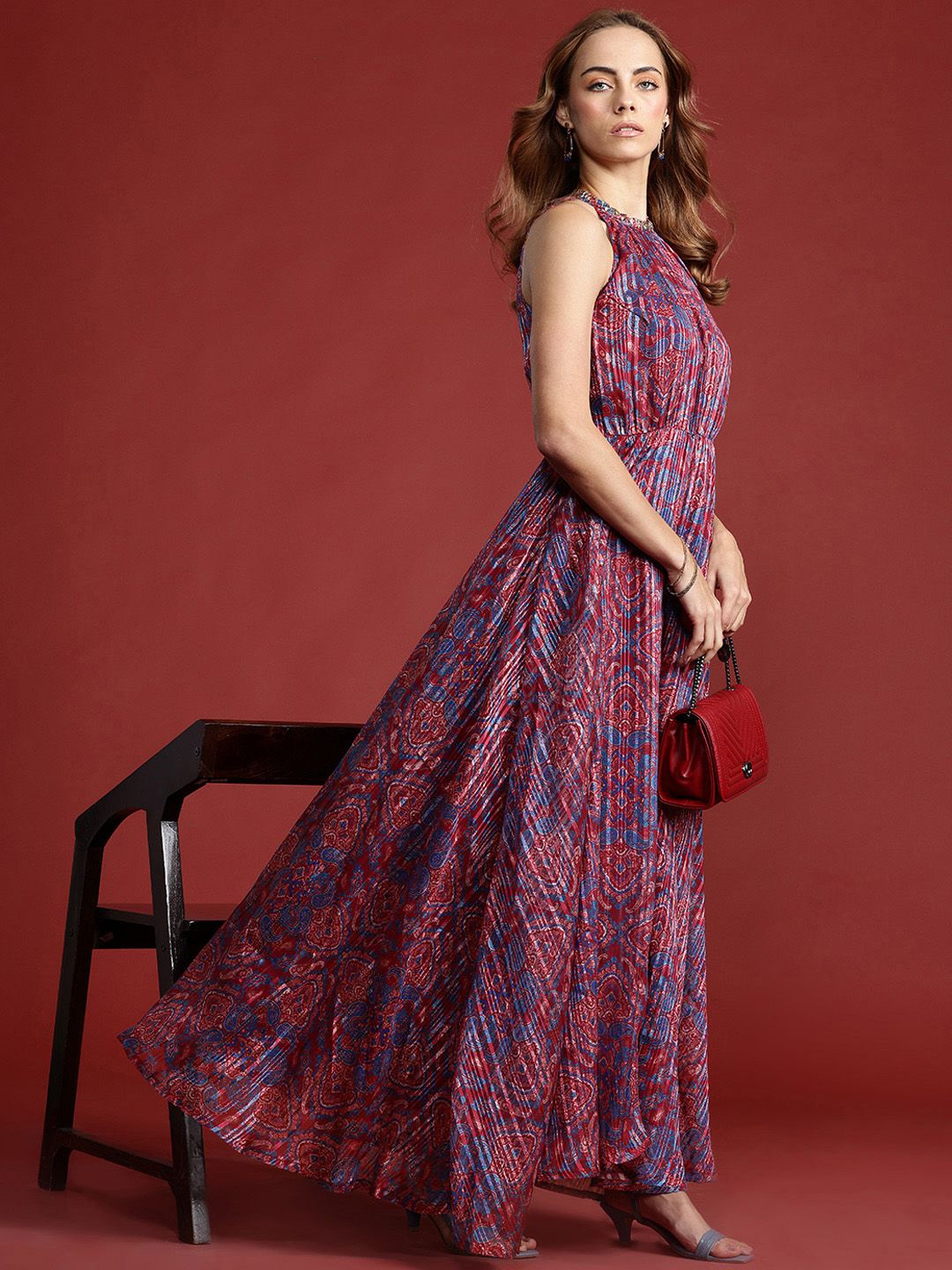 all about you Ethnic Motifs Printed Lurex Stripe Georgette Maxi Dress
