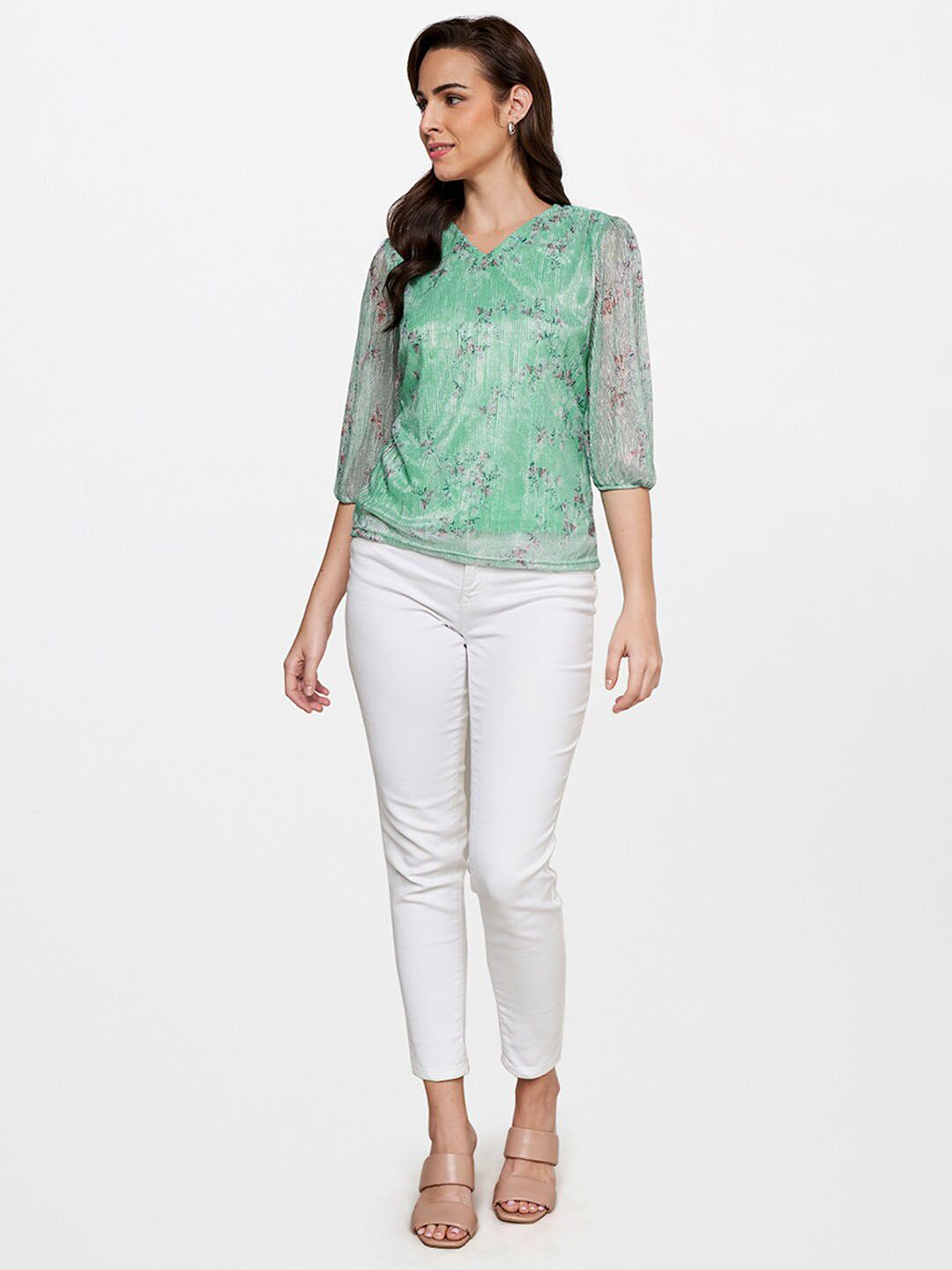 AND Blue & Red Floral Print Top