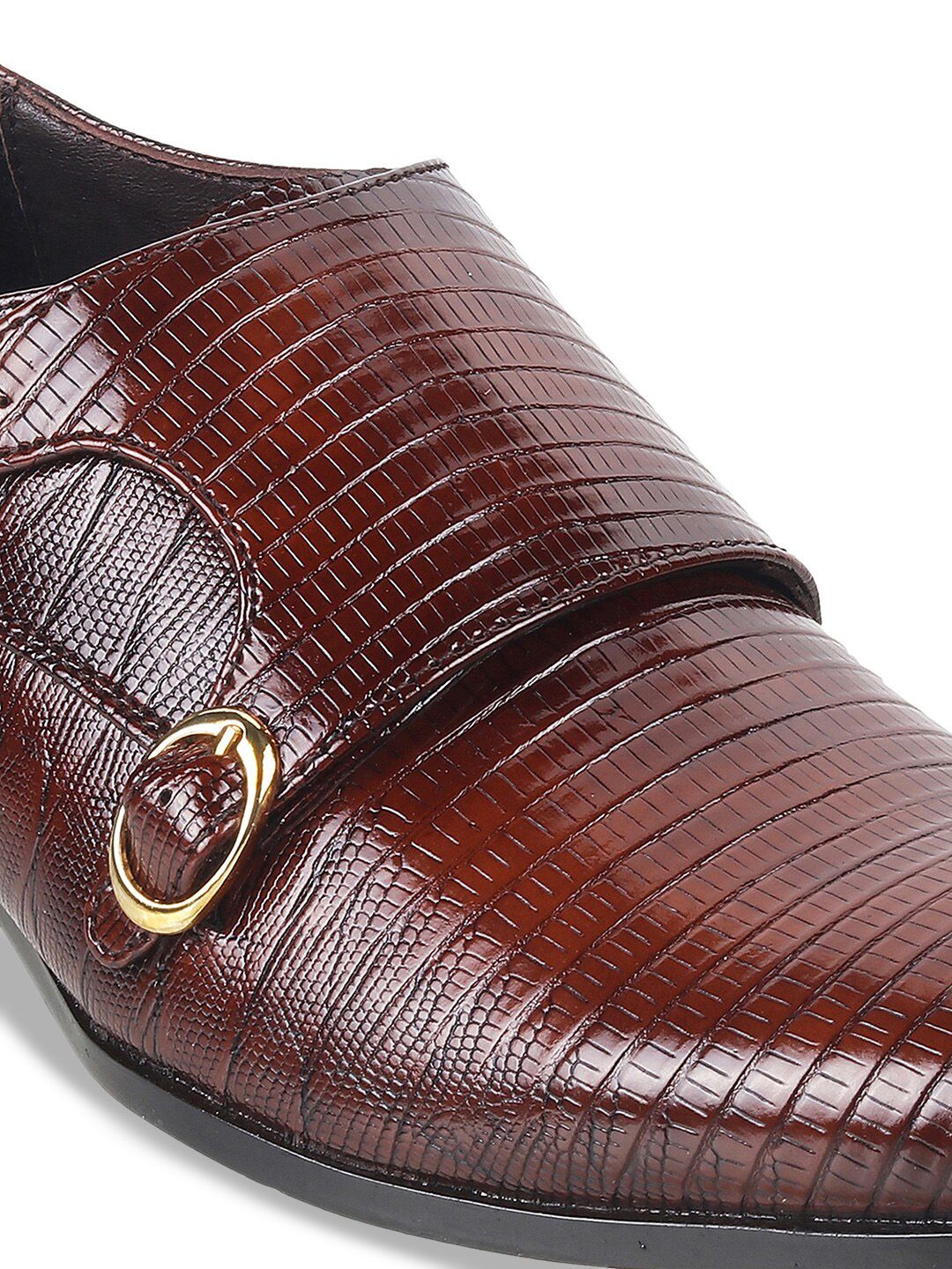 Metro Men Textured Leather Formal Monk Shoes With Buckle Detail
