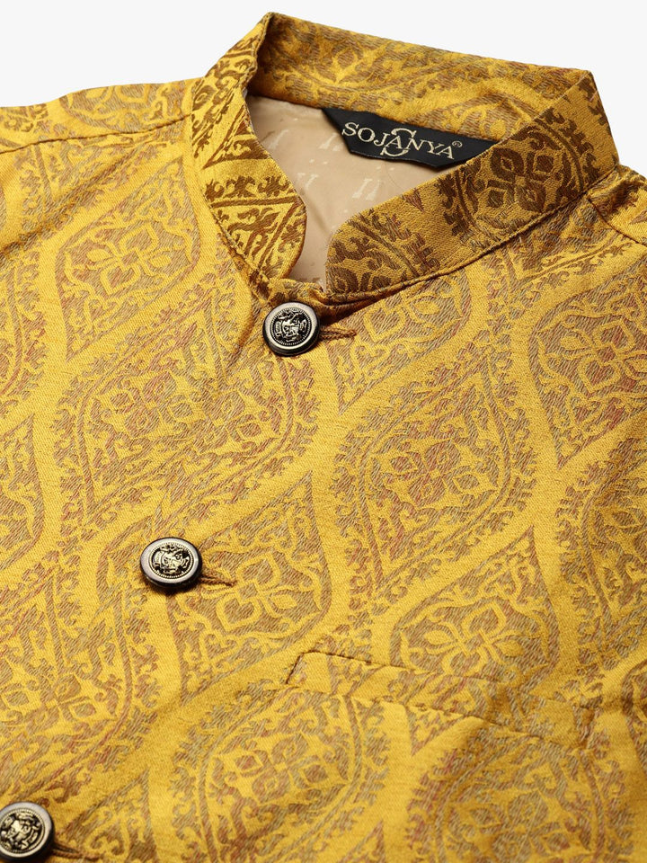 SOJANYA Men Navy Blue Solid Kurta with Churidar & Nehru Jacket