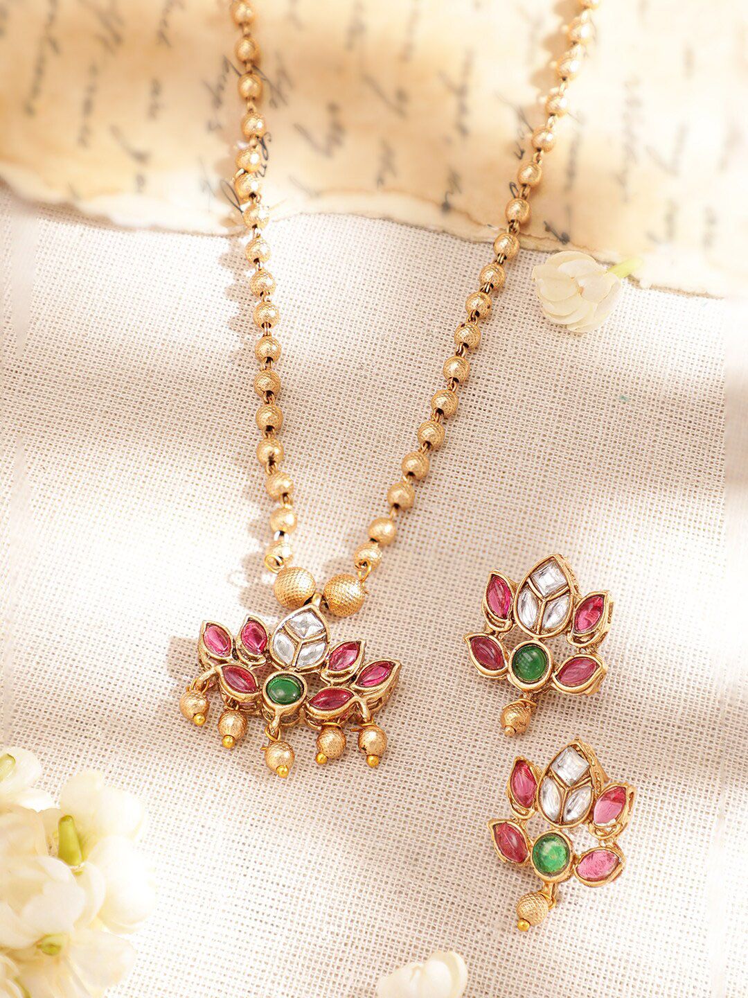 Rubans 22K Gold-Plated Ruby Pink & Emerald Stone Studded Handcrafted Necklace with Earring